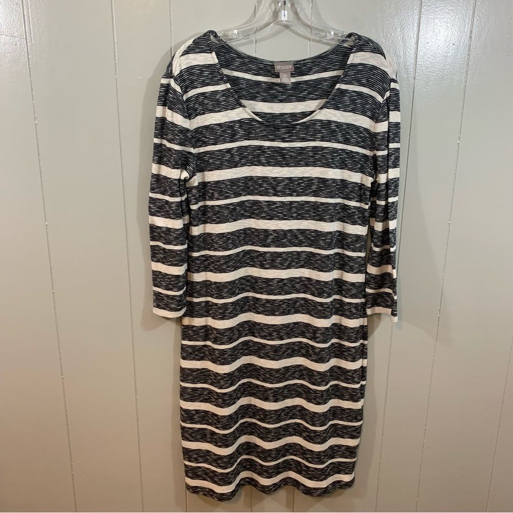 Chico's Black Beige Striped Cotton Modal Stretchy 3/4 Sleeve Career Dress 4 S 0